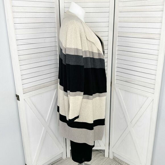 Chico’s Zenergy Cardigan Sweater Striped Colorblock Cotton Cashmere Tan Black XL - Picture 3 of 11